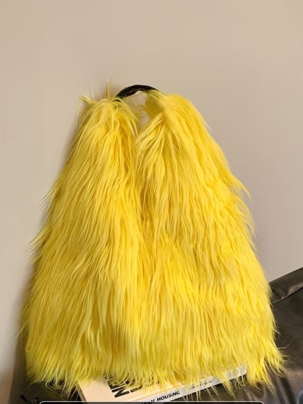 Bright Yellow Faux Fur Shoulder Bag with Top Handle